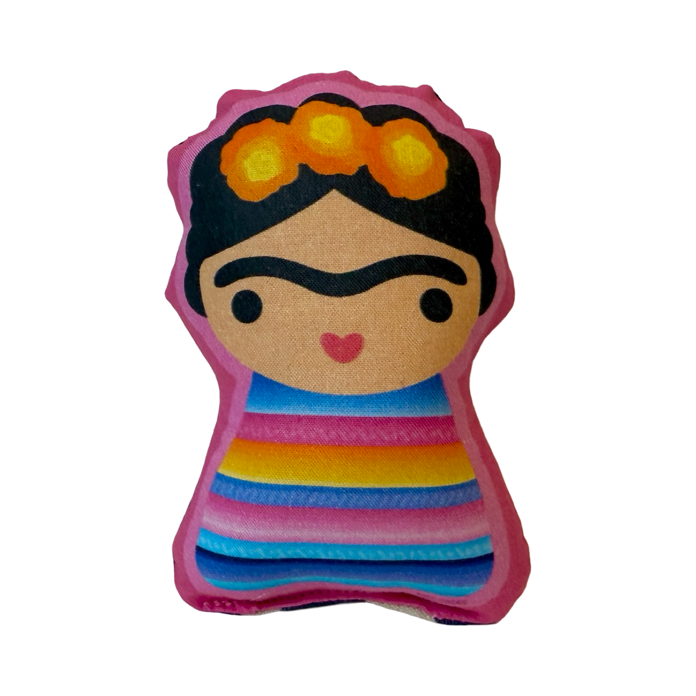 Mini plush doll of Frida Kahlo with a serape striped dress and flower crown