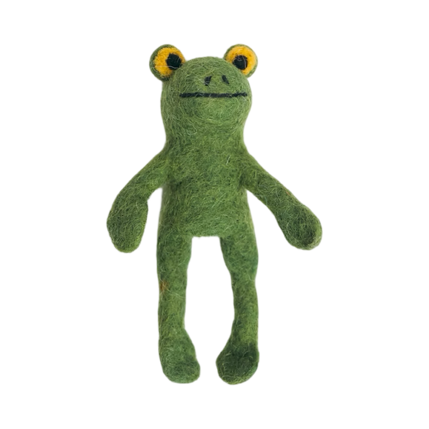 Green felt frog finger puppet with yellow eyes.