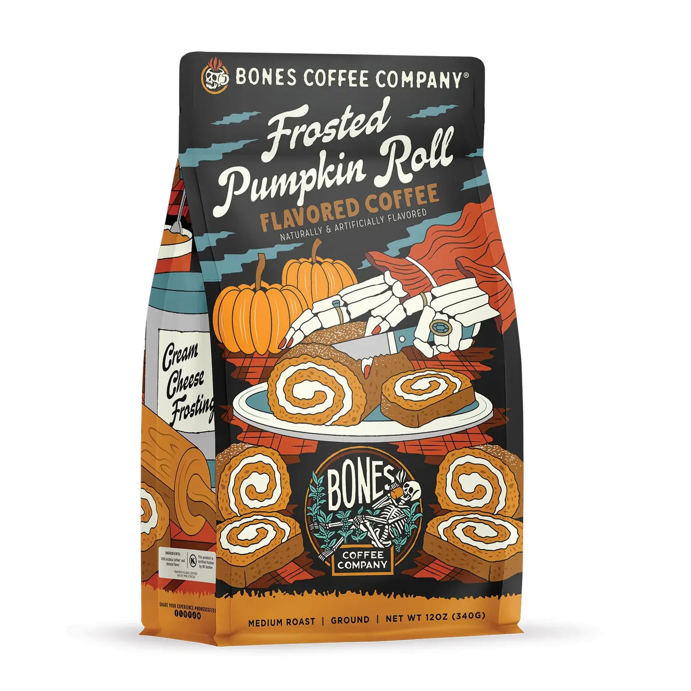 Bones Coffee Company Frosted Pumpkin Roll coffee bag, decorated with pumpkins, slices of pumpkin roll cake with cream cheese frosting, and a skeleton hand serving dessert, with bold text reading “Frosted Pumpkin Roll Flavored Coffee.”