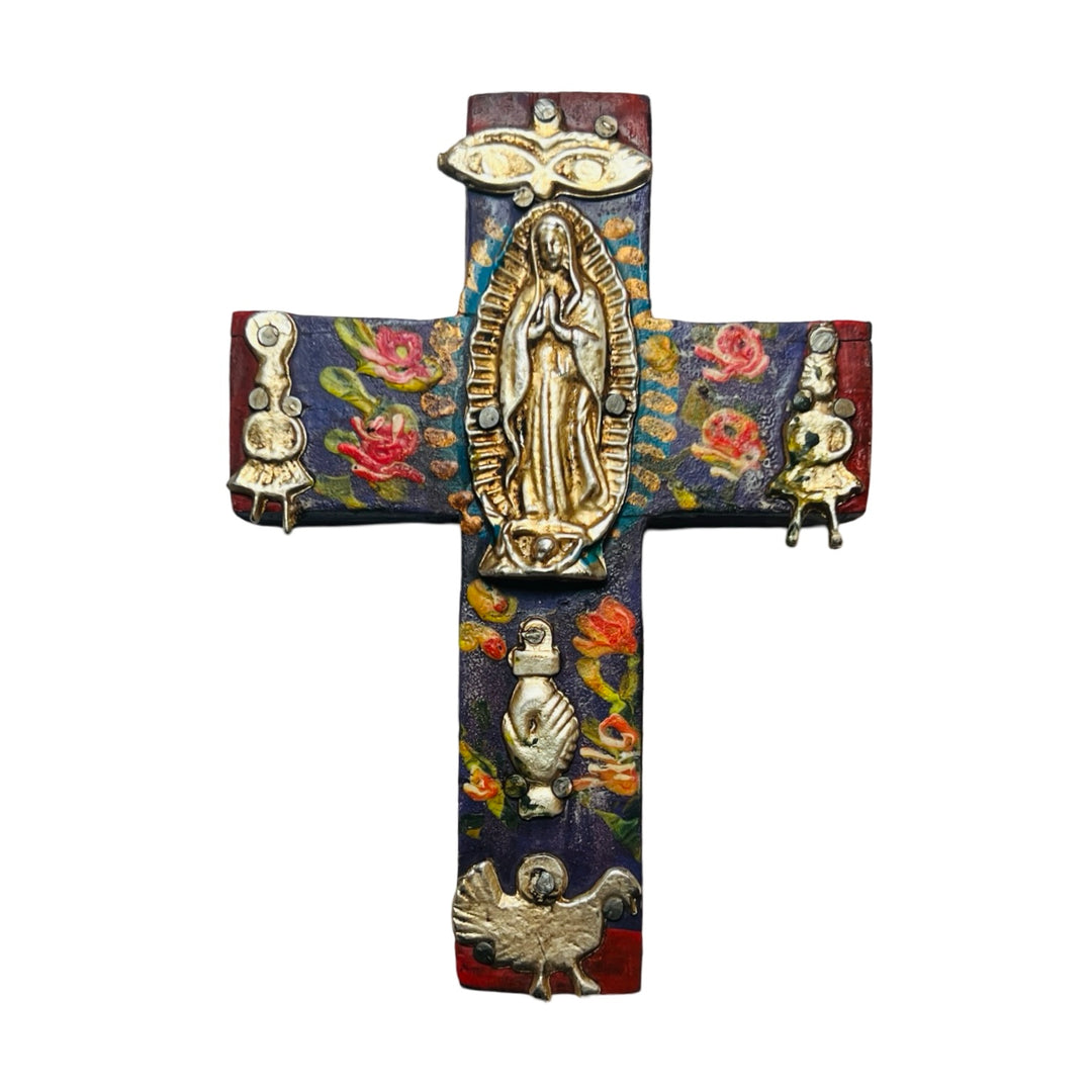 Handpainted Wooden Virgen Cross w/Milagros -Small – Artelexia