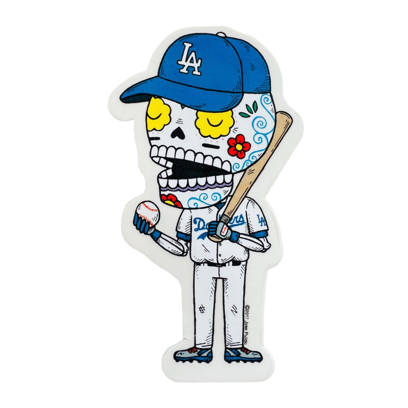 LA baseball player in the style of a calavera (skeleton).