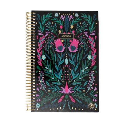 black spiral notebook with a floral pink, green and teal design. Features a gold spiral ring and the word Agenda in the top center in gold lettering.