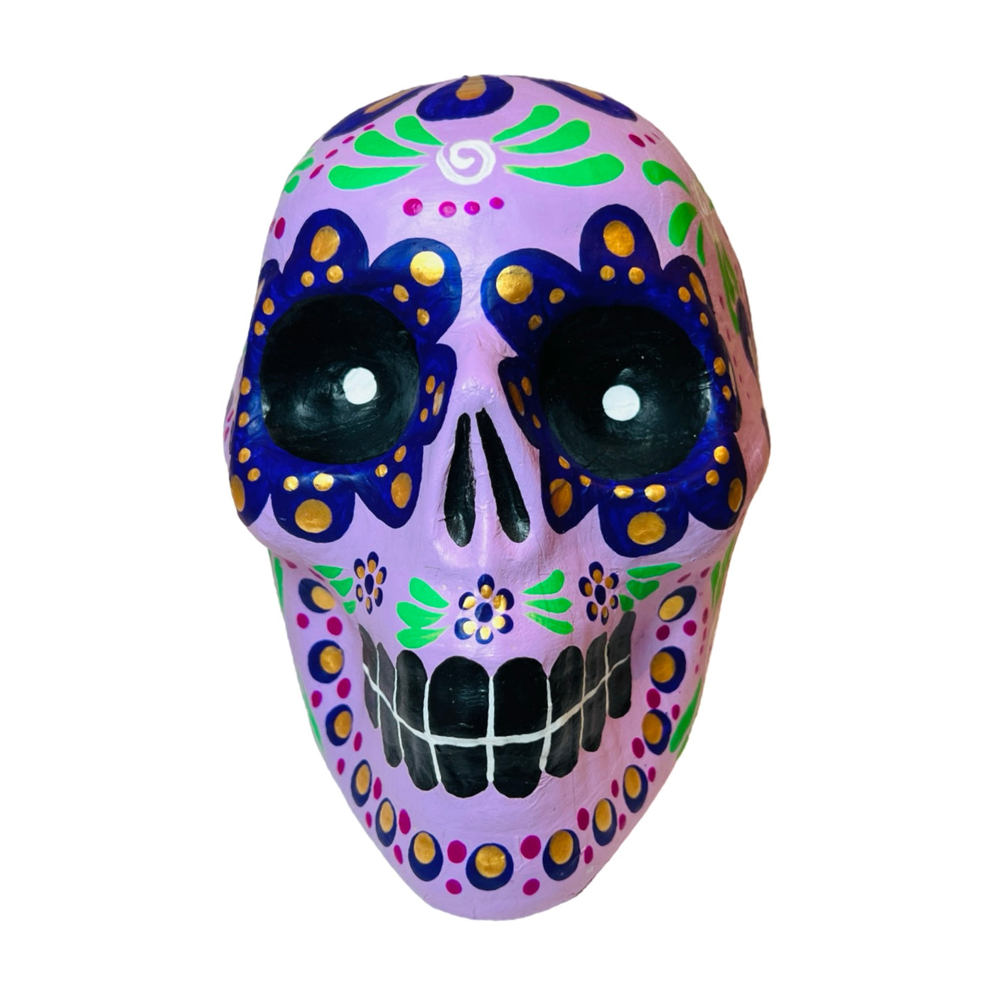 front view of a purple sugar skull with a multi-colored design