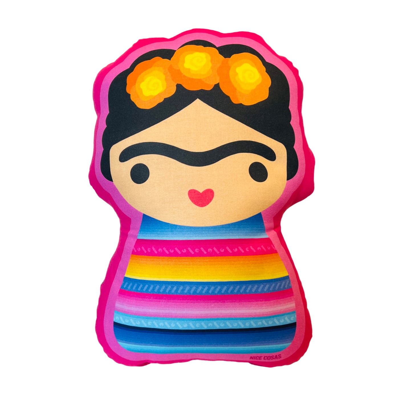 Pillow with an image of a Frida Khalo wearing a dress with serape stripes