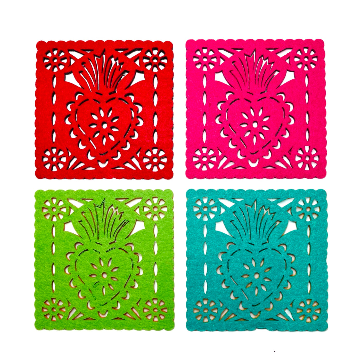 set of 4 multicolored felt papel picado inspired coasters that feature a sacred heart design