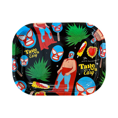 black tray with images of a corn on the cob, heart, agave plant, luchador mask and Nacho Libre.