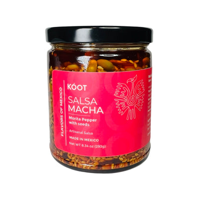 8.34 oz clear jar of salsa macha with a pink branded label and white lettering 