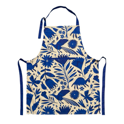 Apron featuring a blue Mexican otomi design with front pocket, blue neck and waist ties.