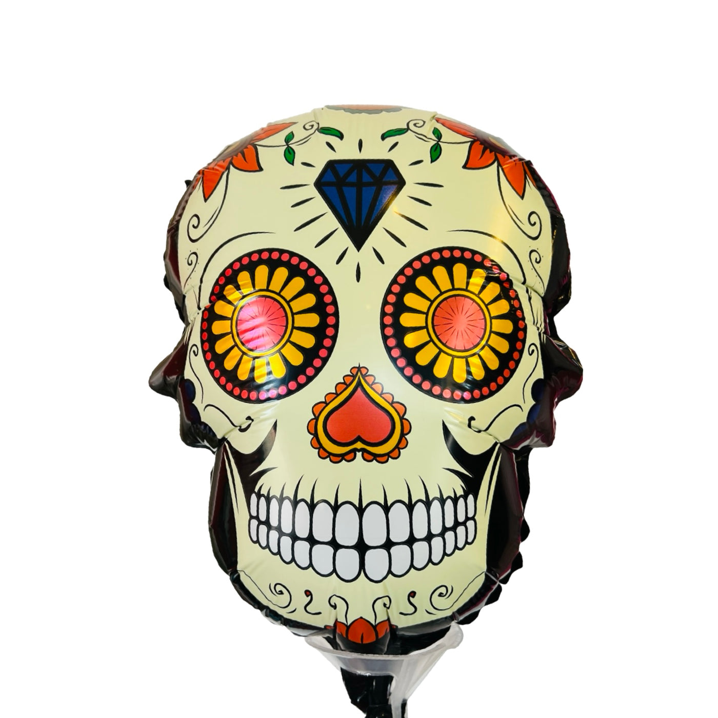 black Sugar Skull shaped mylar balloon with a traditional sugar skull design