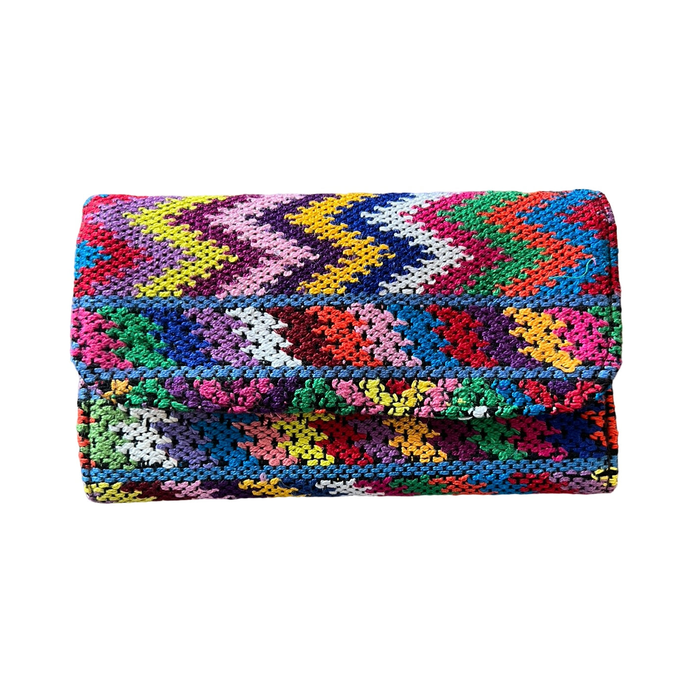 huipil wallet with a multi-color design of stripes and arrows.