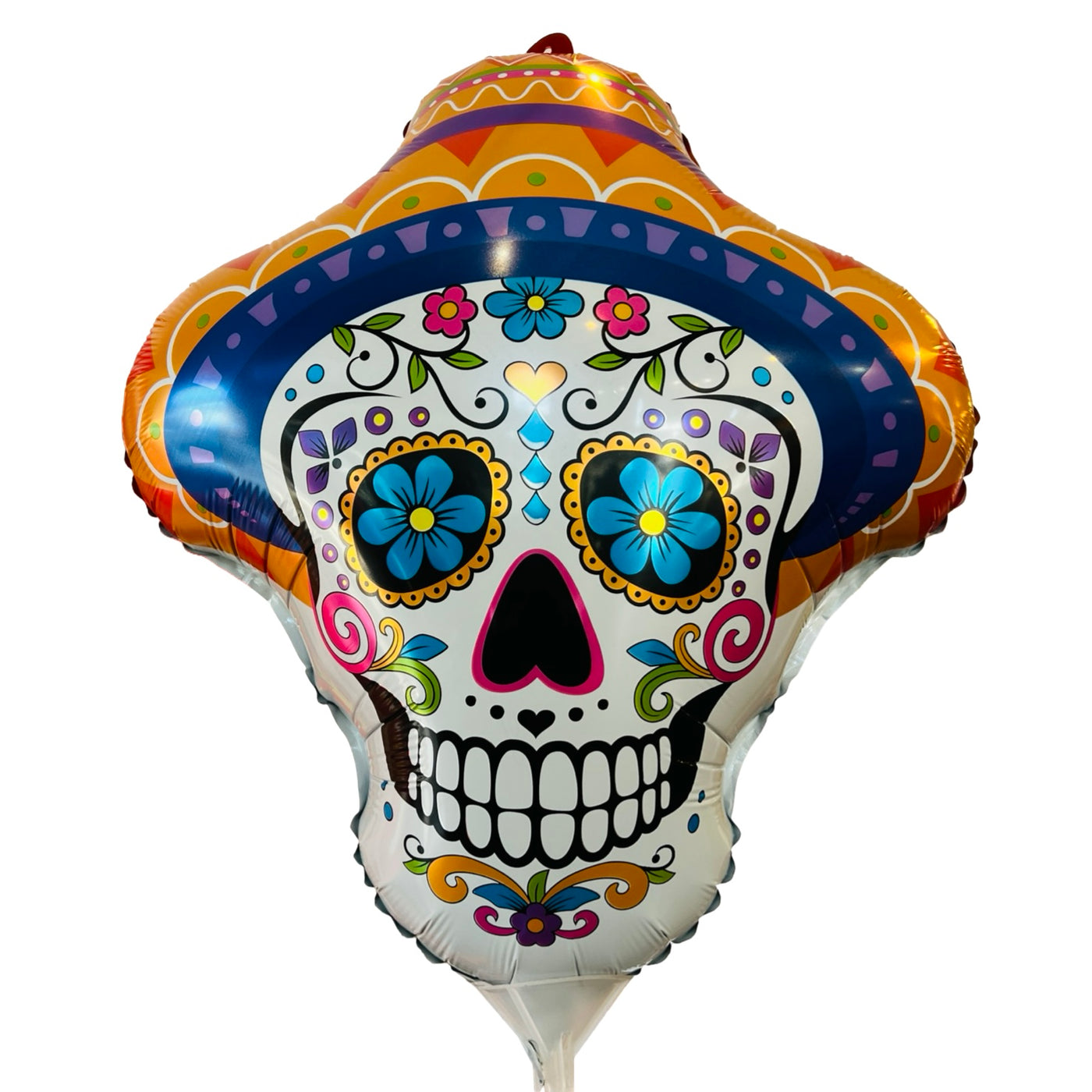 Sugar Skull shaped mylar balloon with a traditional sugar skull and floral design featuring an orange sombrero