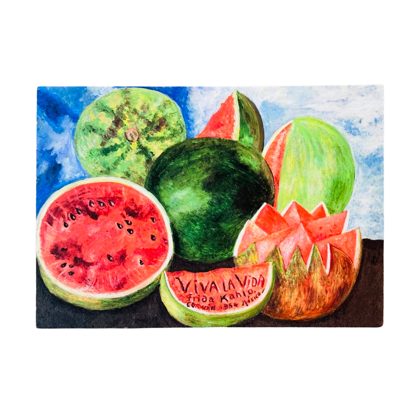 postcard with an image of watermelons with some cut in half and some are whole and uncut.