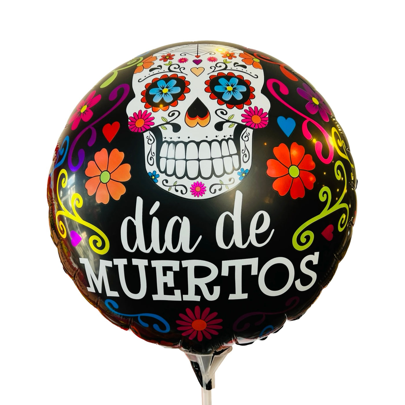 round black Dia De Muertos mylar balloon with a sugar skull and floral design