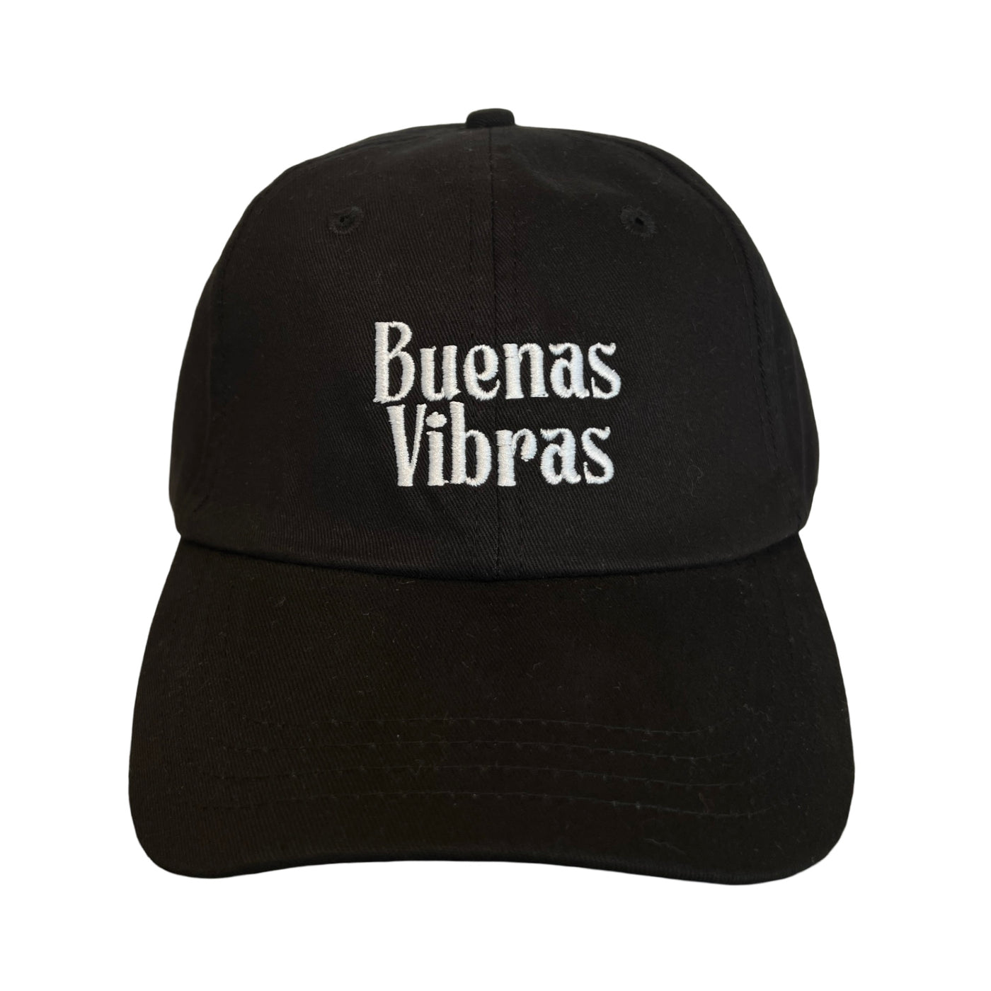 front view of a black hat with the phrase Buenas Vibras in white lettering