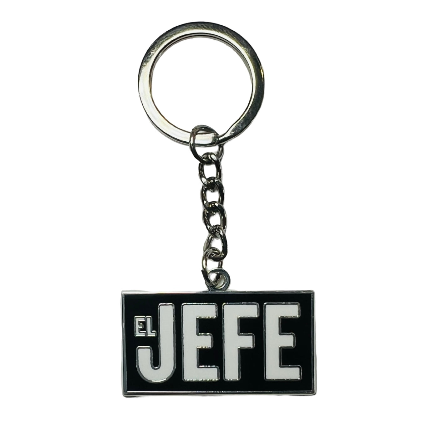 black rectangle enamel keychain with the phrase El Jefe in white lettering