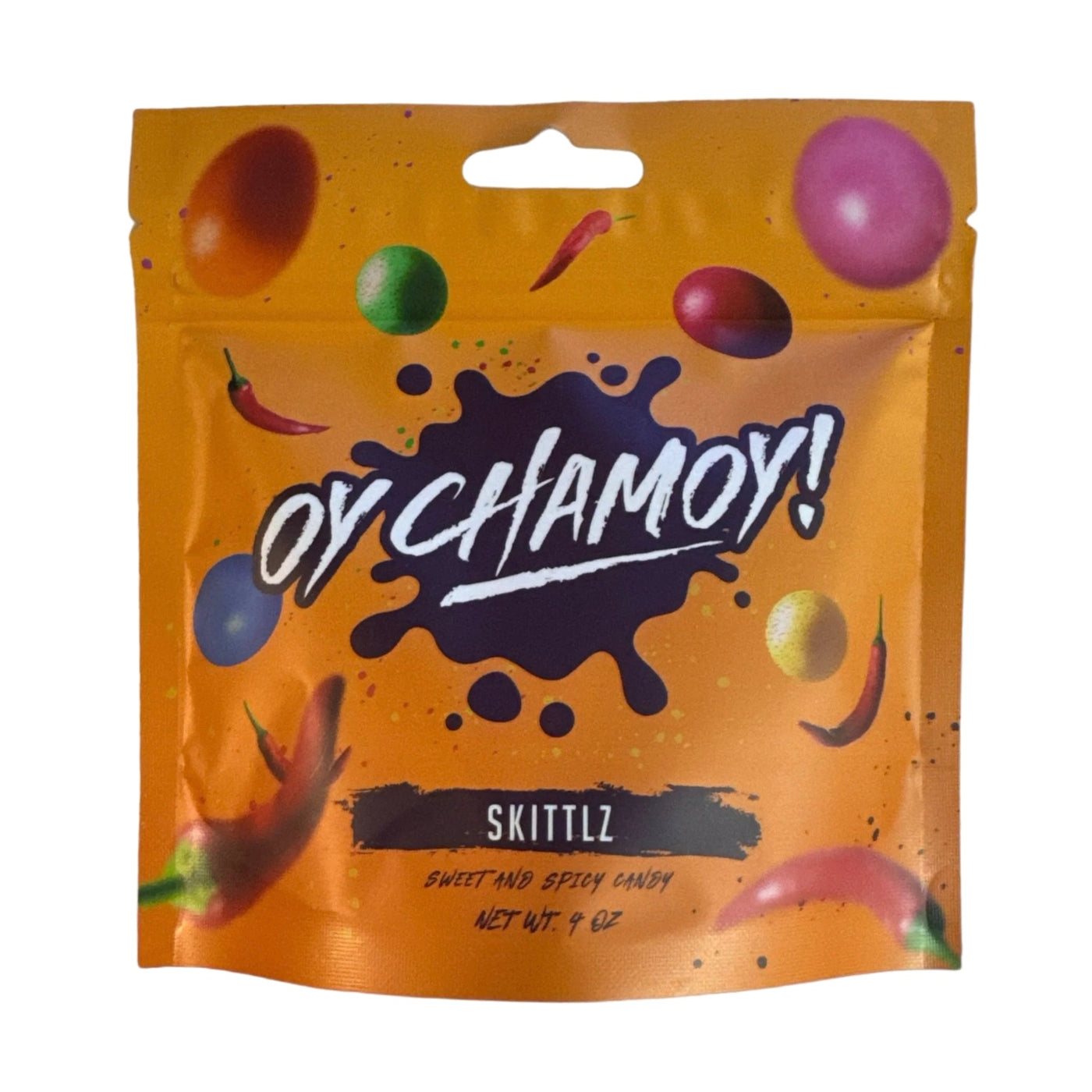 4 oz branded orange pouch of sour rainbow bites featuring images of chili peppers and round candy