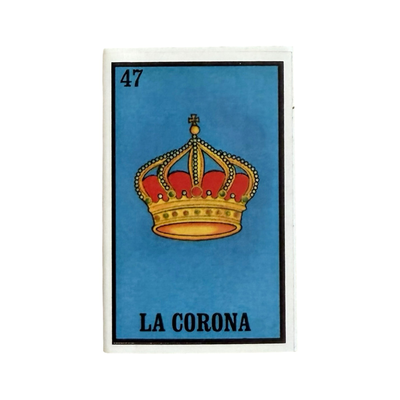 mini box of matches featuring the Mexican Loteria image of La Corona.