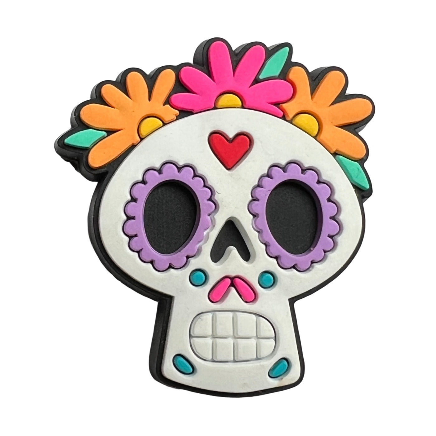 sugar skull with purple outlined eye and an orange and pink flower crown