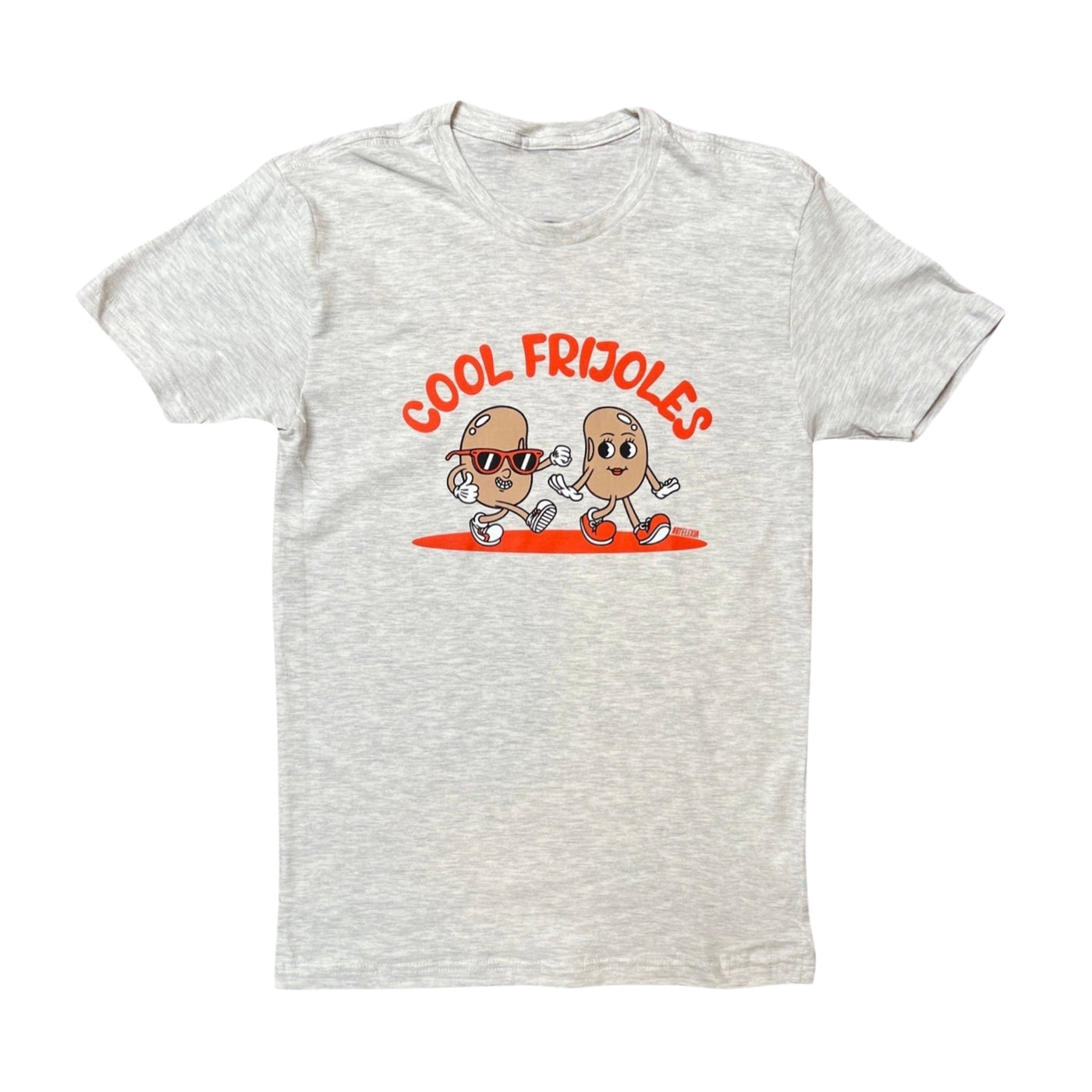 The front of a gray speckled shirt with the phrase Cool Frijoles in orange lettering featuring an illustration of two animated beans.