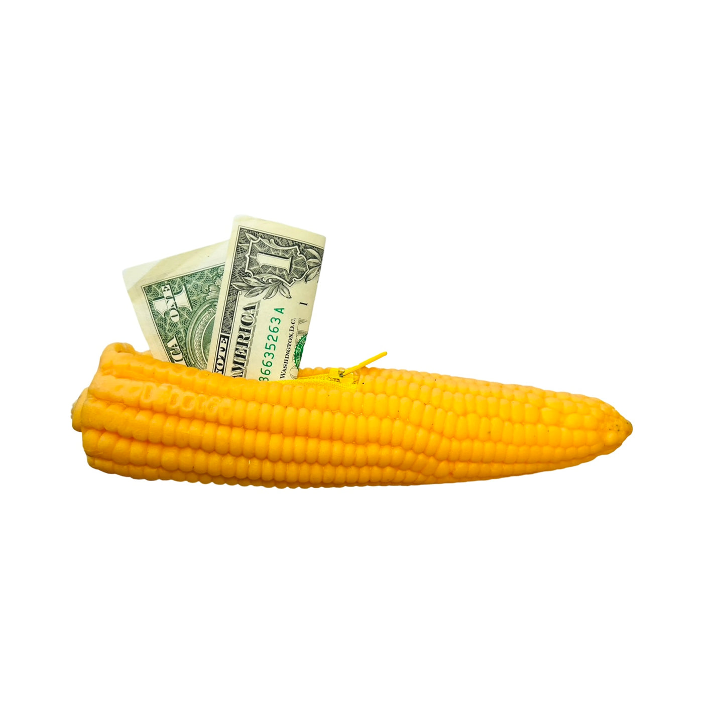 yellow corn shaped rubber coin pouch with a dollar