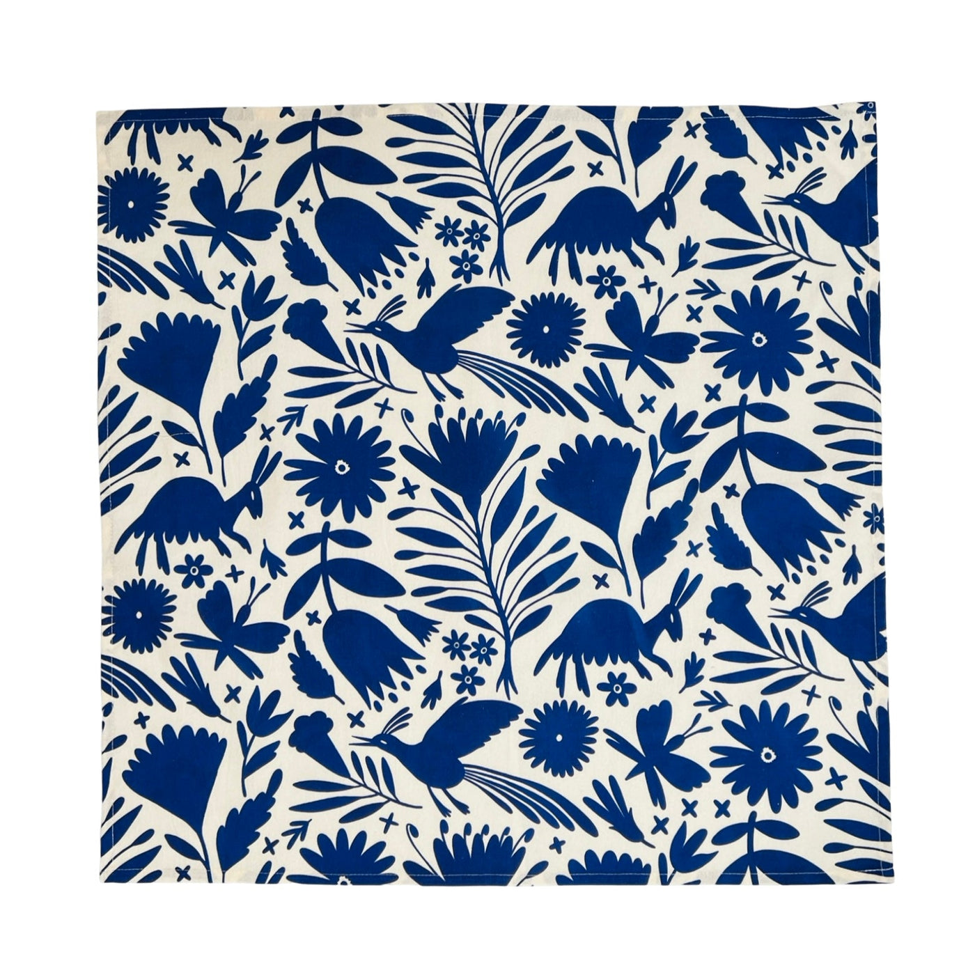 square cream towel with a blue otomi design