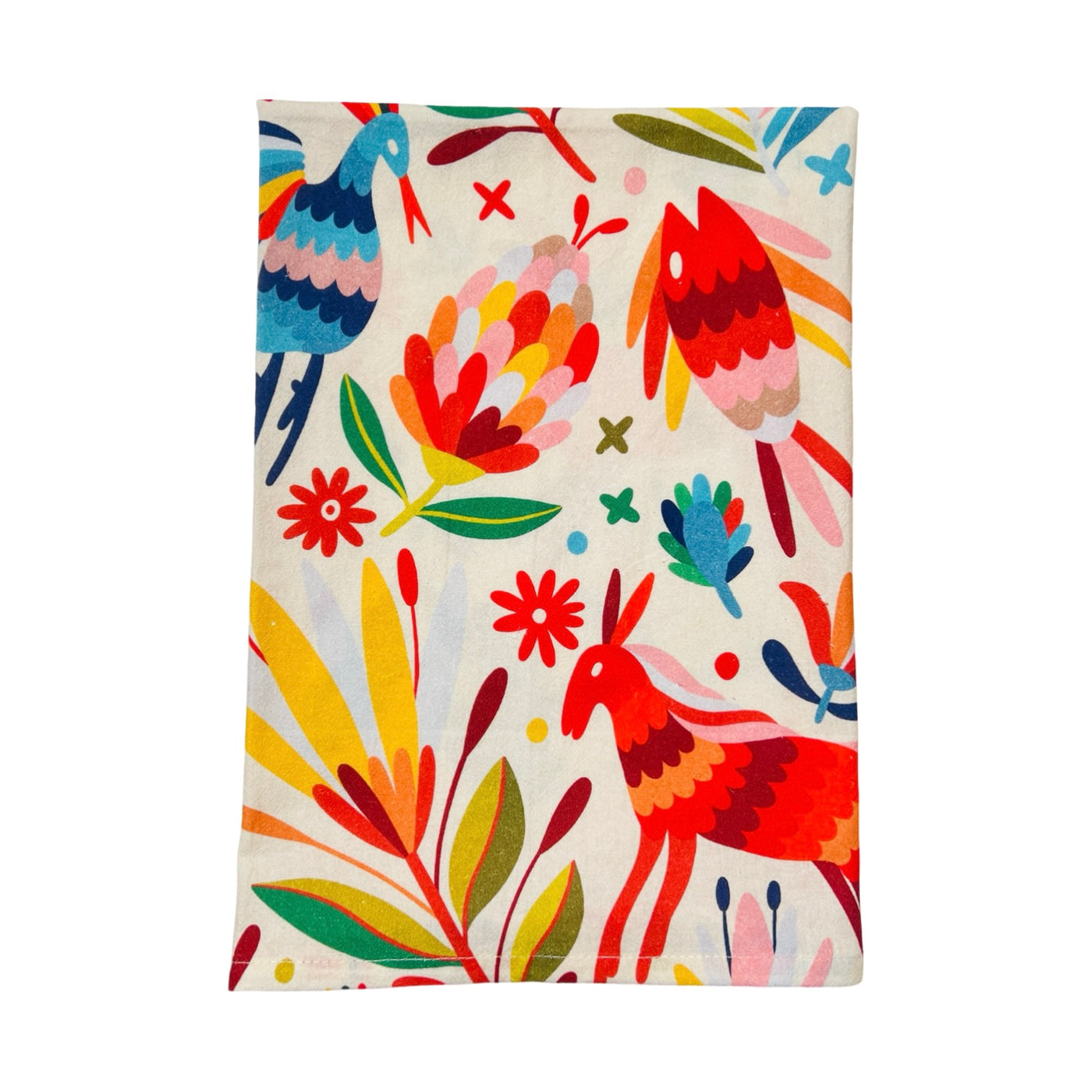 quarter folded cream kitchen towel with a mutli-colored otomi design