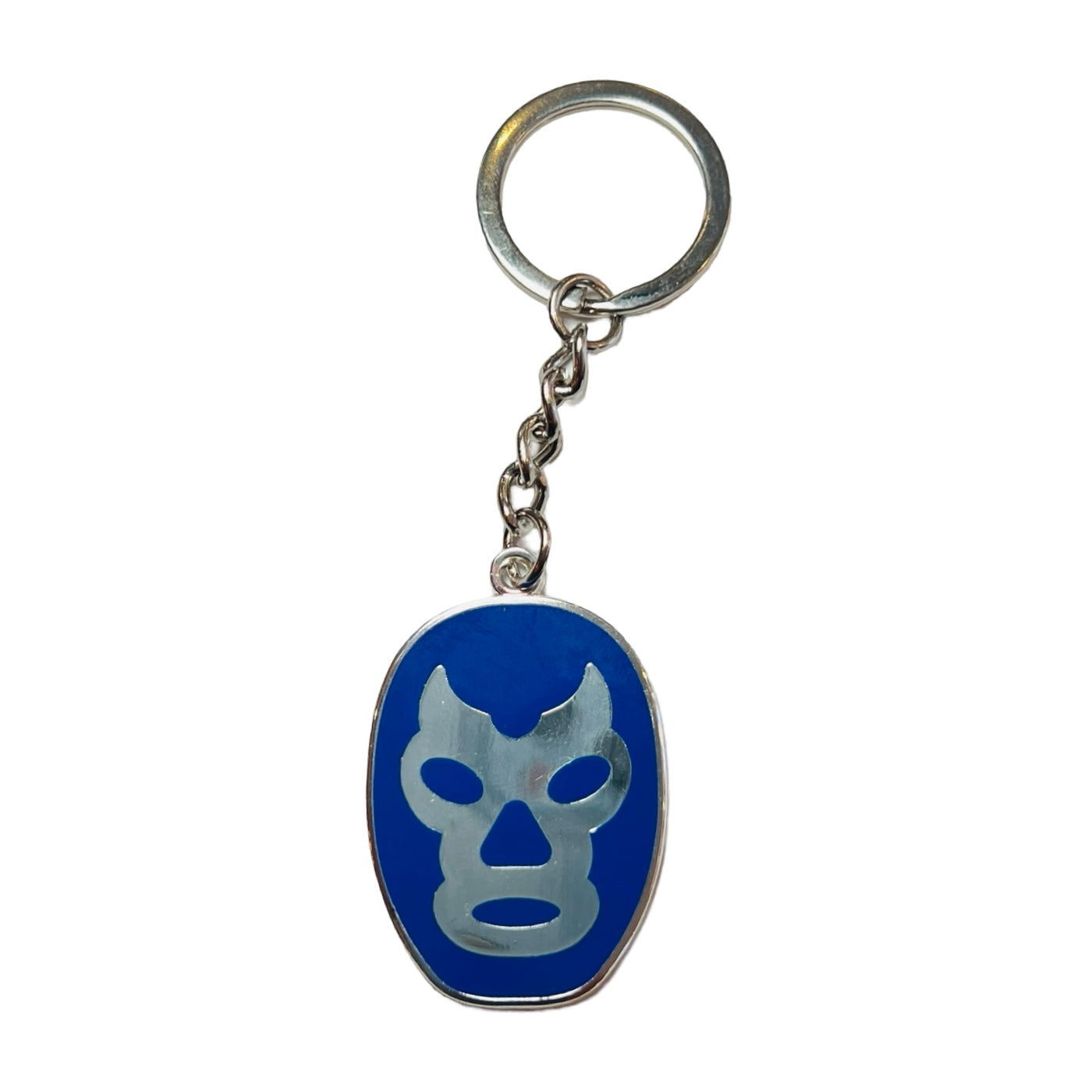 blue enamel keychain of a luchador mask featuring silver accents