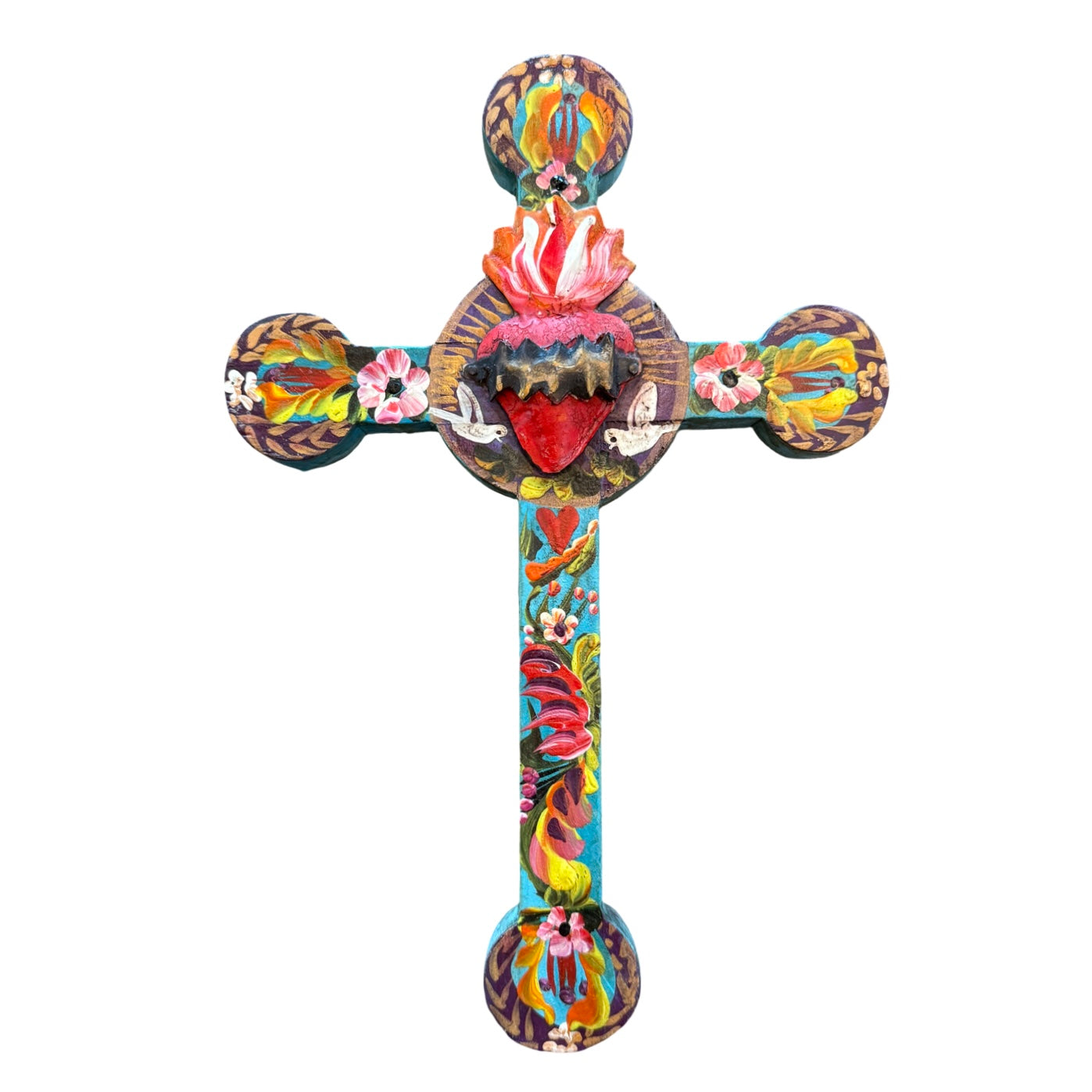 Handpainted Mexican Flaming Heart Wall Cross