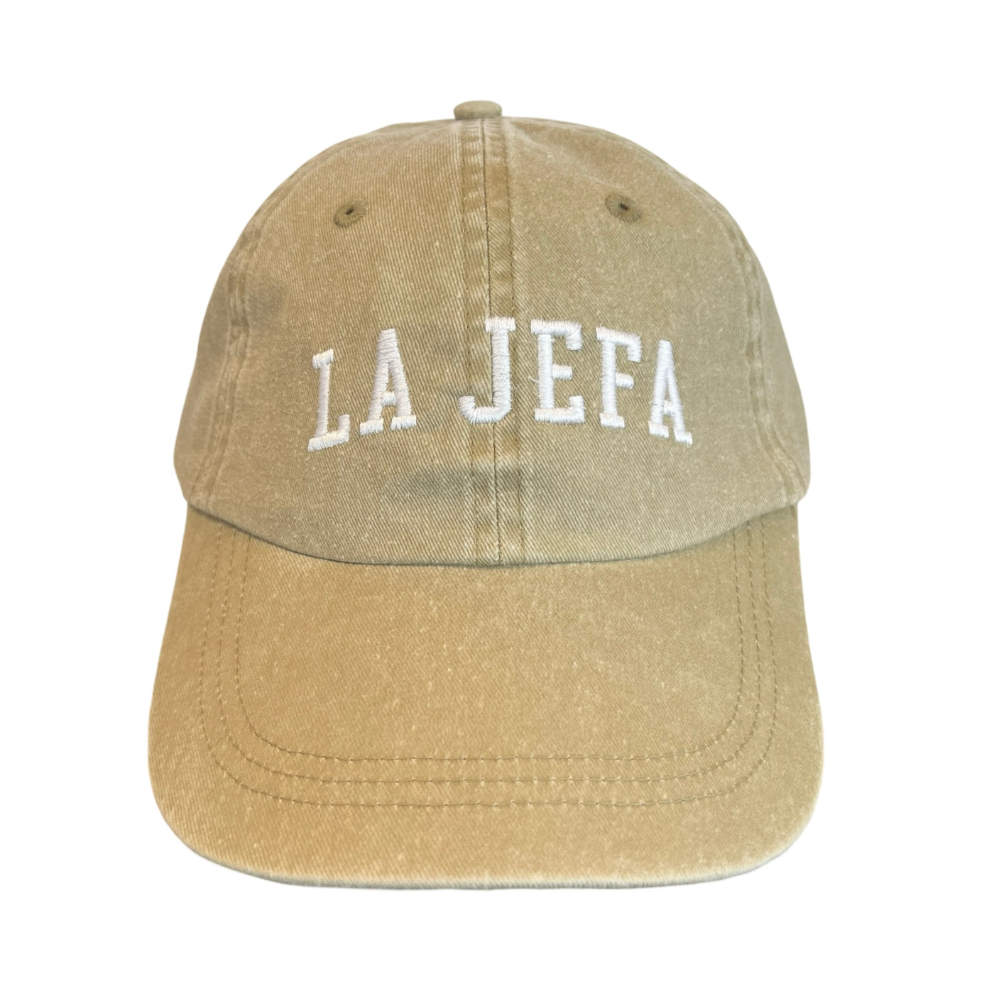 front view of a khaki hat with the phrase La Jefa in white lettering