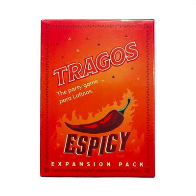 Tragos Espicy expansion pack box with a fiery red design featuring a chili pepper illustration, flames, and the text "The party game para Latinos" written in white.