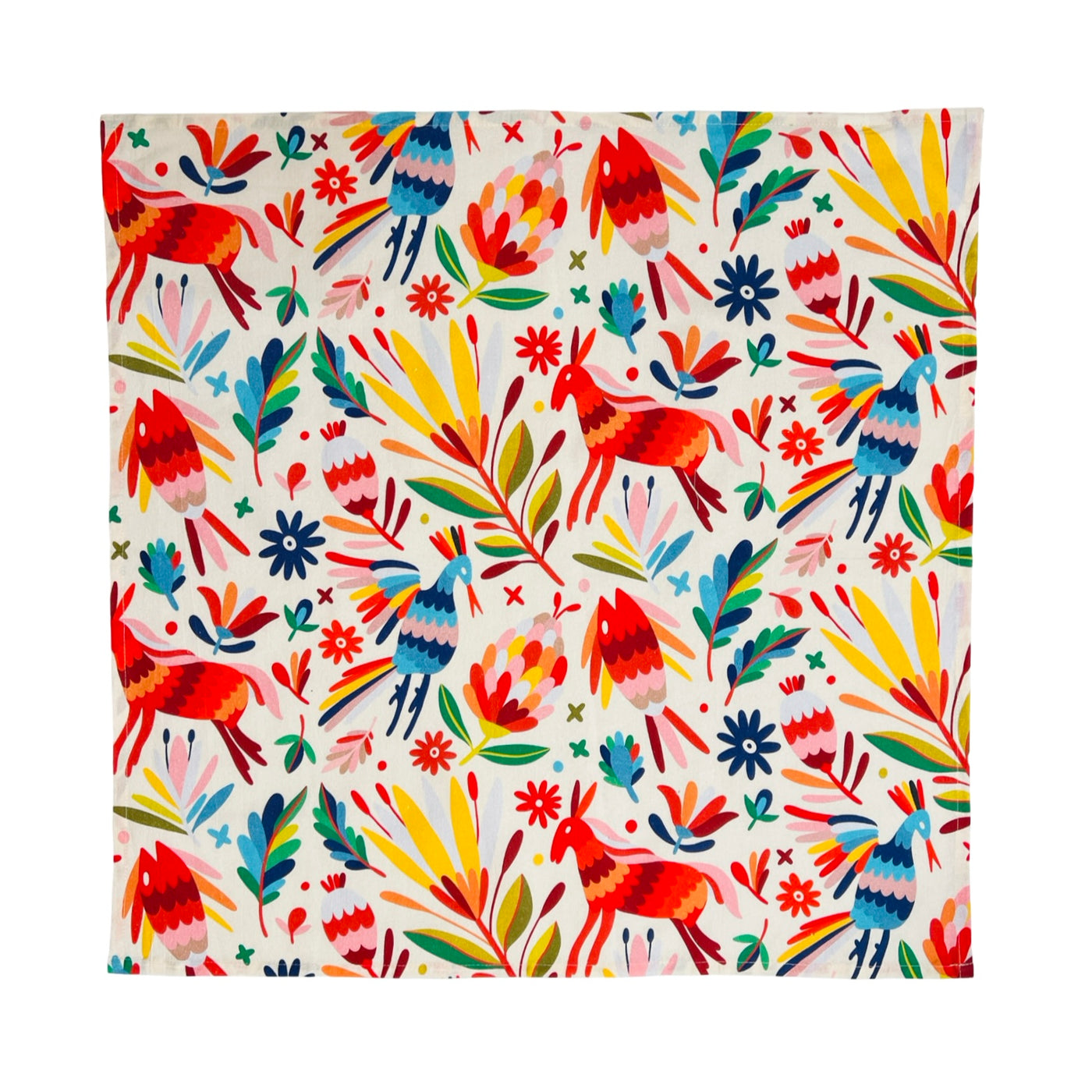 square cream kitchen towel with a mutli-colored otomi design