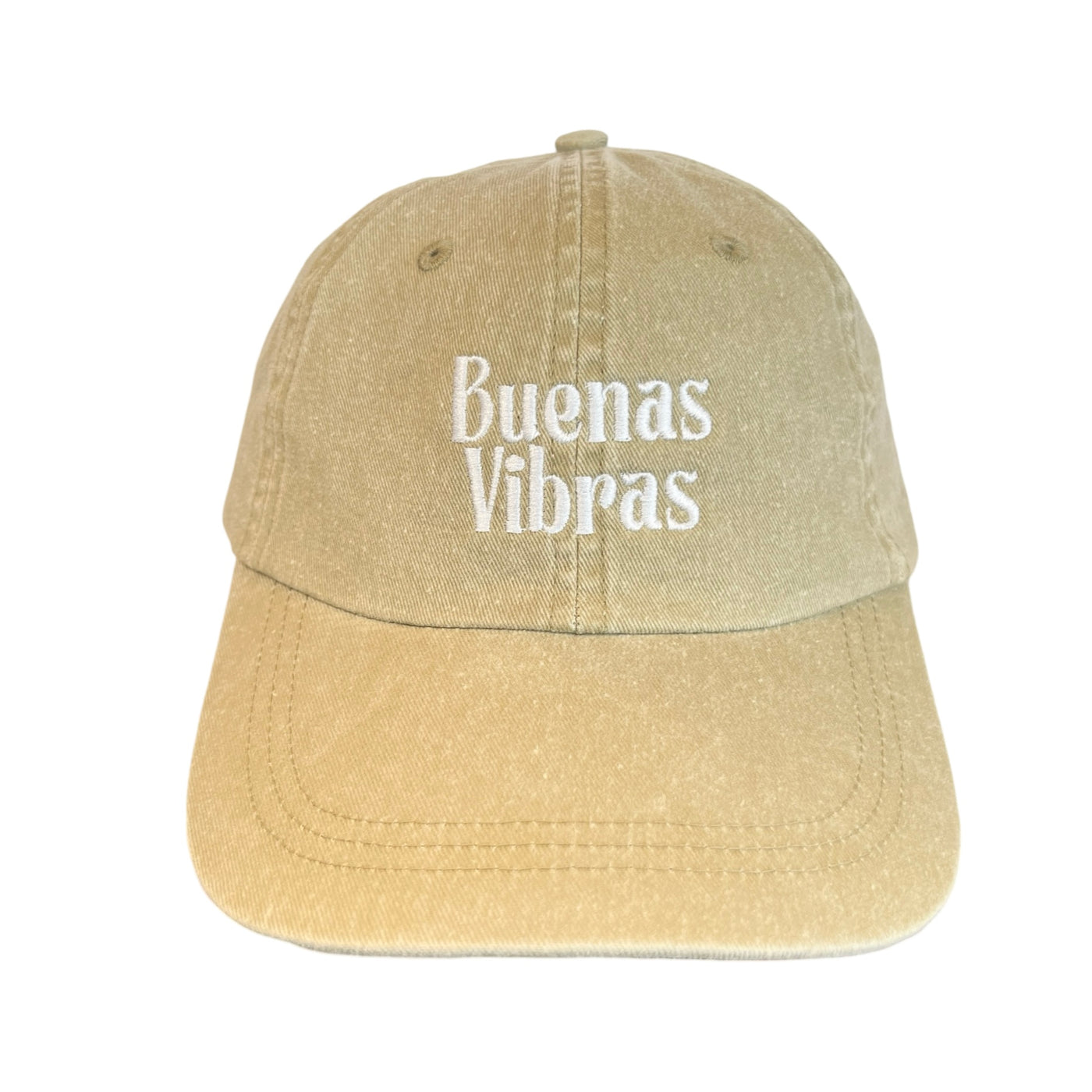 front view of a khaki hat with the phrase Buenas Vibras in white lettering