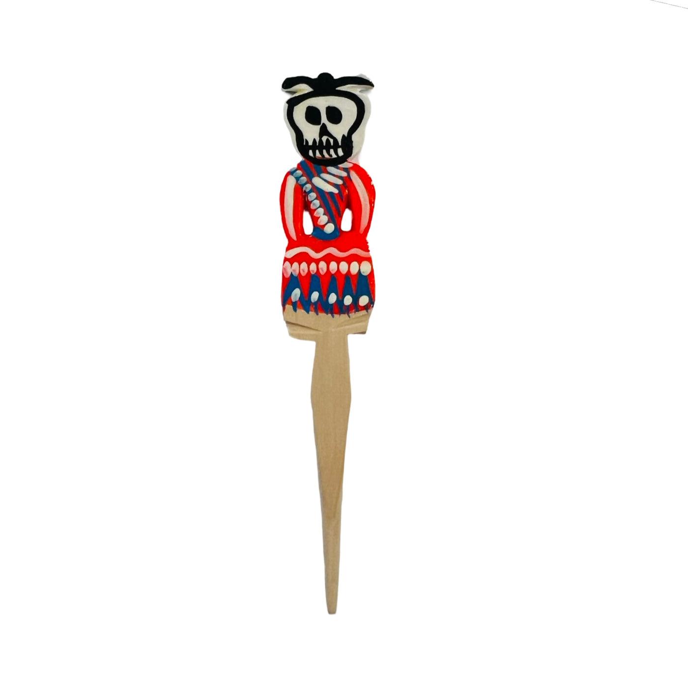 wooden toothpick with a skeleton wearing a dress.