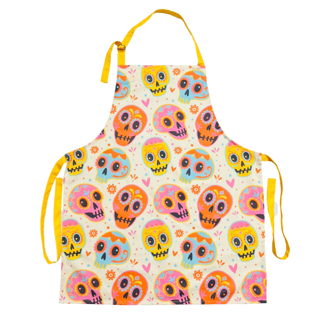 cream apron with a pastel colored sugar skulls design features yellow neck and waist ties.