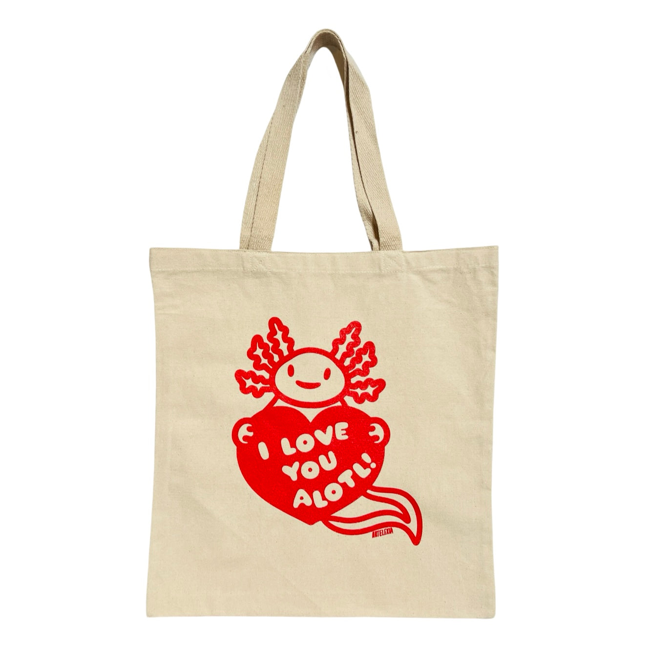 Beige canvas tote bag with a red axolotl design and the phrase "I Love You Alotol!" holding a red heart.