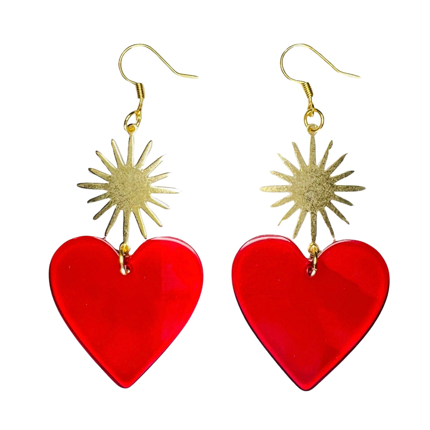 set of red resin heart earrings with a brass sunburst