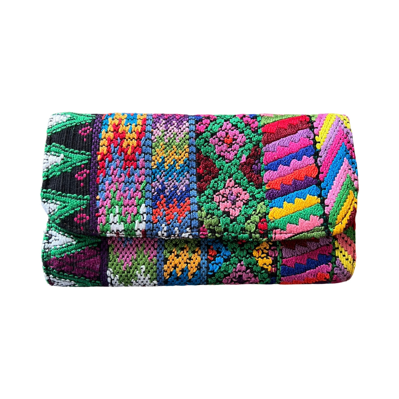 huipil wallet with a multi-color design of stripes, arrows and flowers.