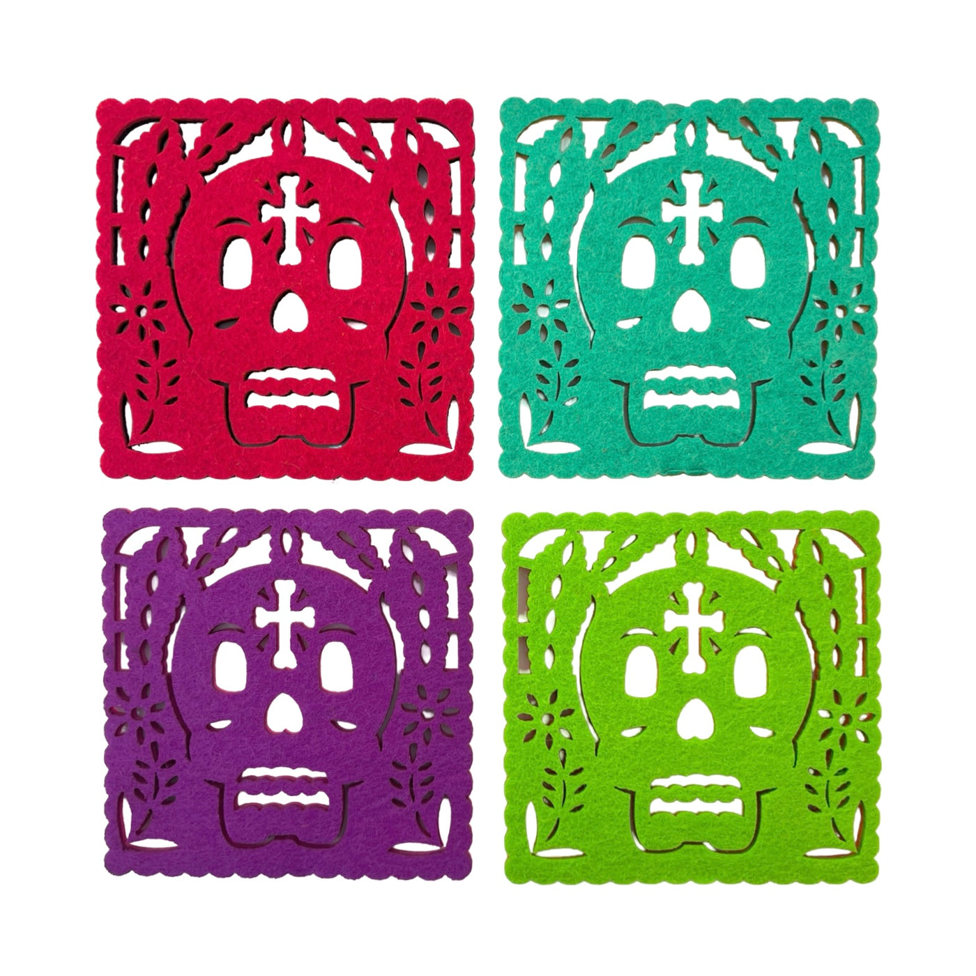 set of 4 multicolored felt papel picado inspired coasters that feature a sugar skull design