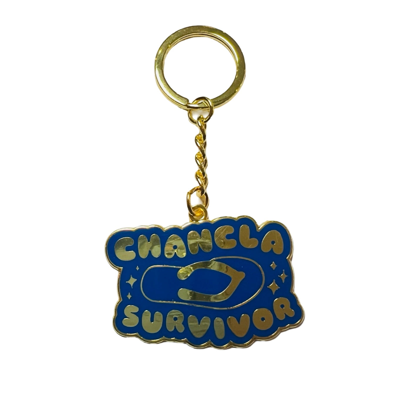 blue enamel keychain with an image of a flip flop and the phrase Chancla Survivor in gold.