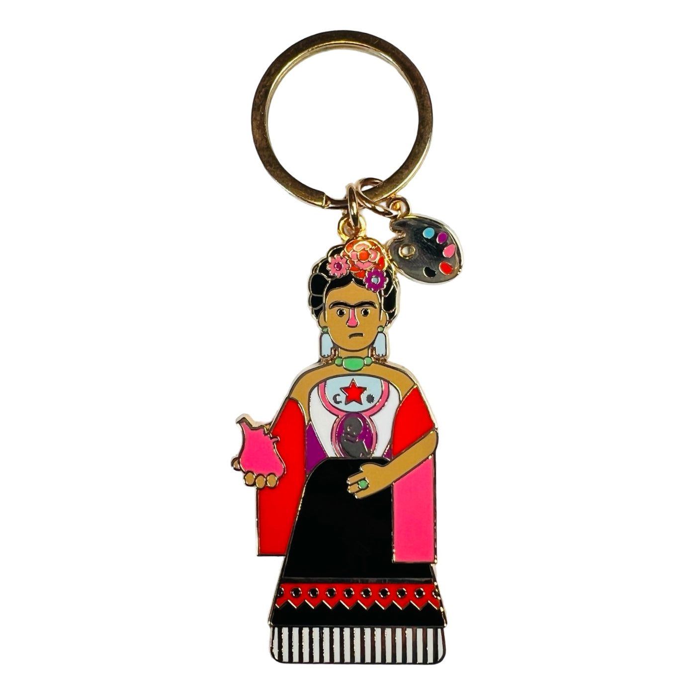 Enamel keychain of Frida Kahlo holding a heart