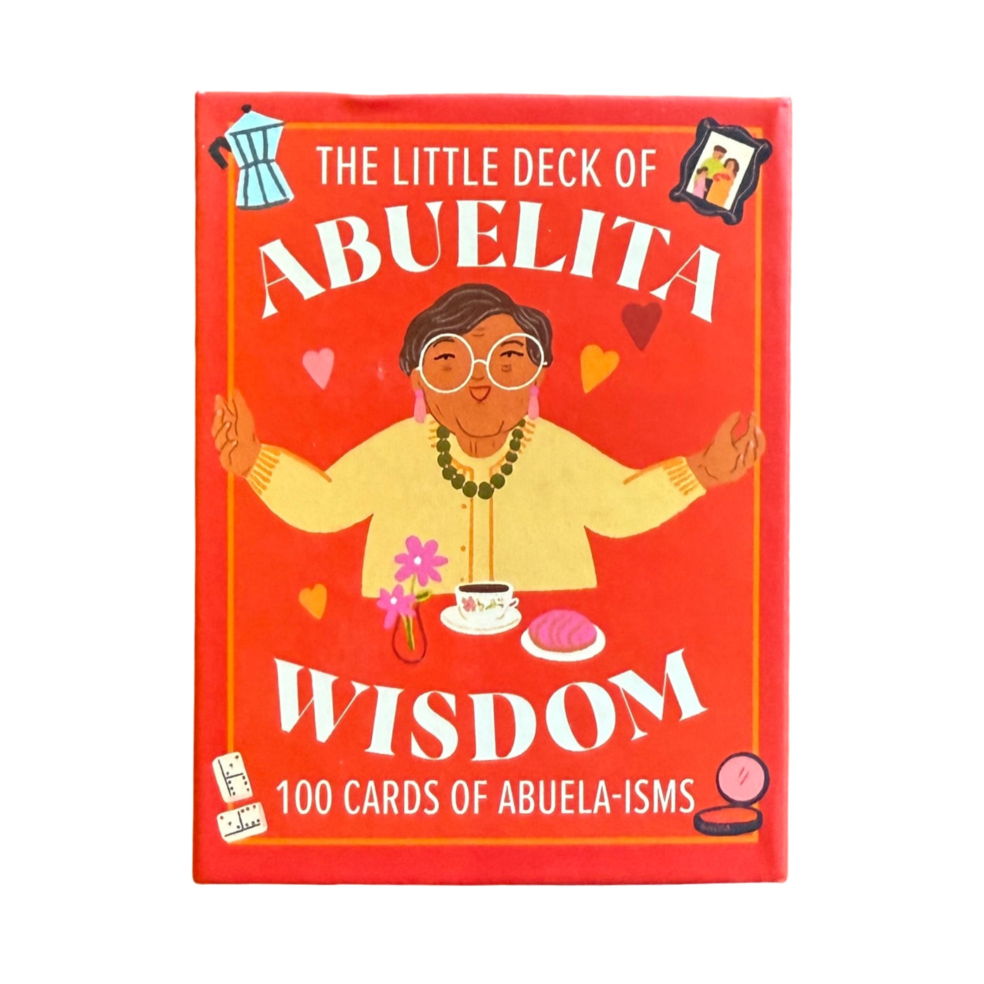 Card deck packaging titled 'The Little Deck of Abuelita Wisdom' with an illustration of a mexican grandma