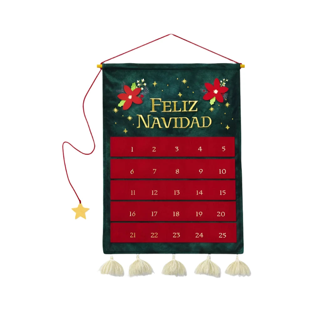 A green fabric advent calendar with "Feliz Navidad" embroidered in gold letters, adorned with red poinsettias and gold stars. The calendar has 25 red pockets and is decorated with cream-colored tassels at the bottom, with a star-shaped marker attached to a red cord.