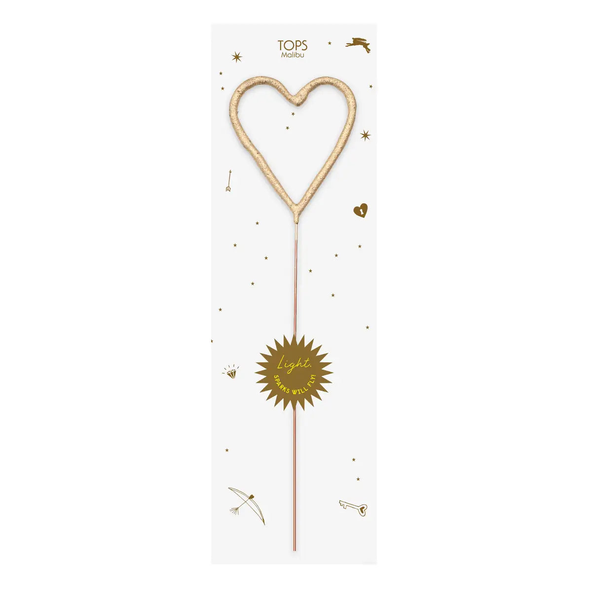 Gold heart-shaped sparkler wand on a white card with gold illustrations of stars, key, heart, and umbrella.