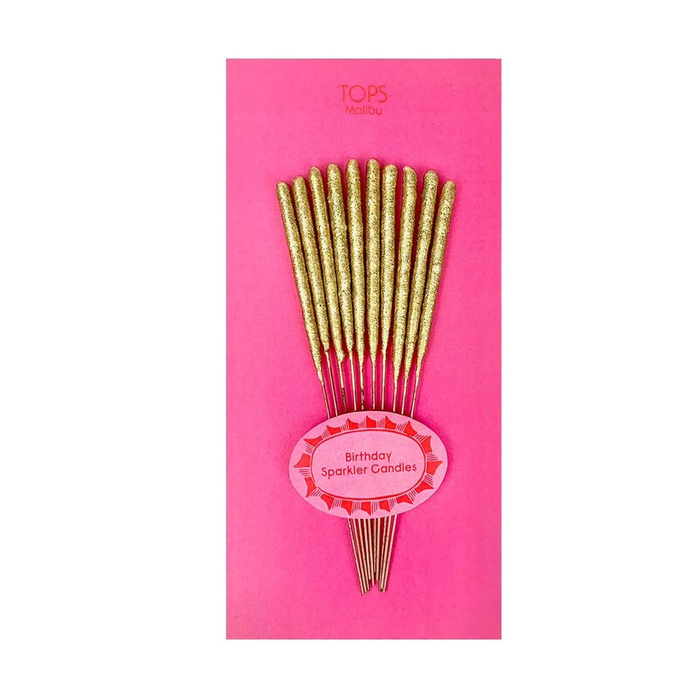Set of 10 gold sparkler birthday candles displayed on a pink backing card labeled “Birthday Sparkler Candles” by TOPS Malibu.
