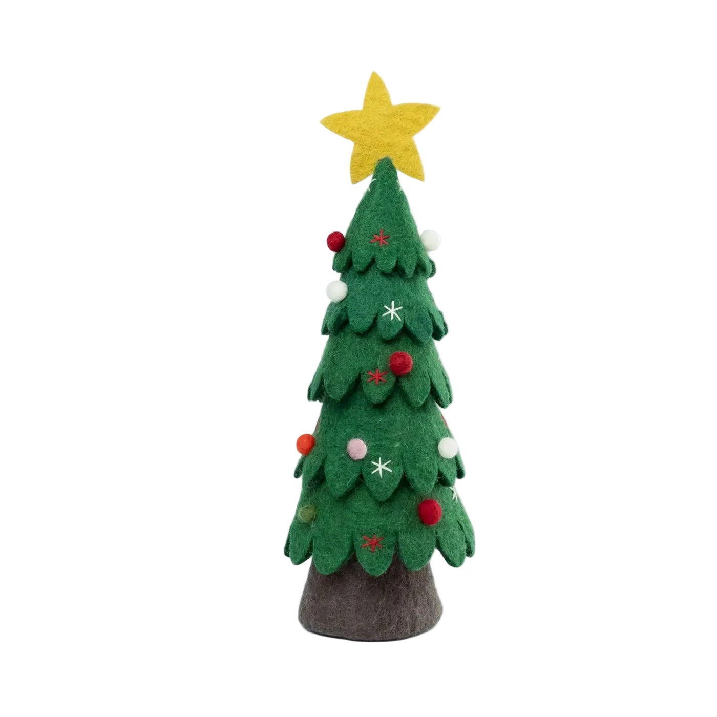 Hand-felted green Christmas tree with layered branches, multicolor felt ball ornaments, and a yellow star topper on a brown felt base.