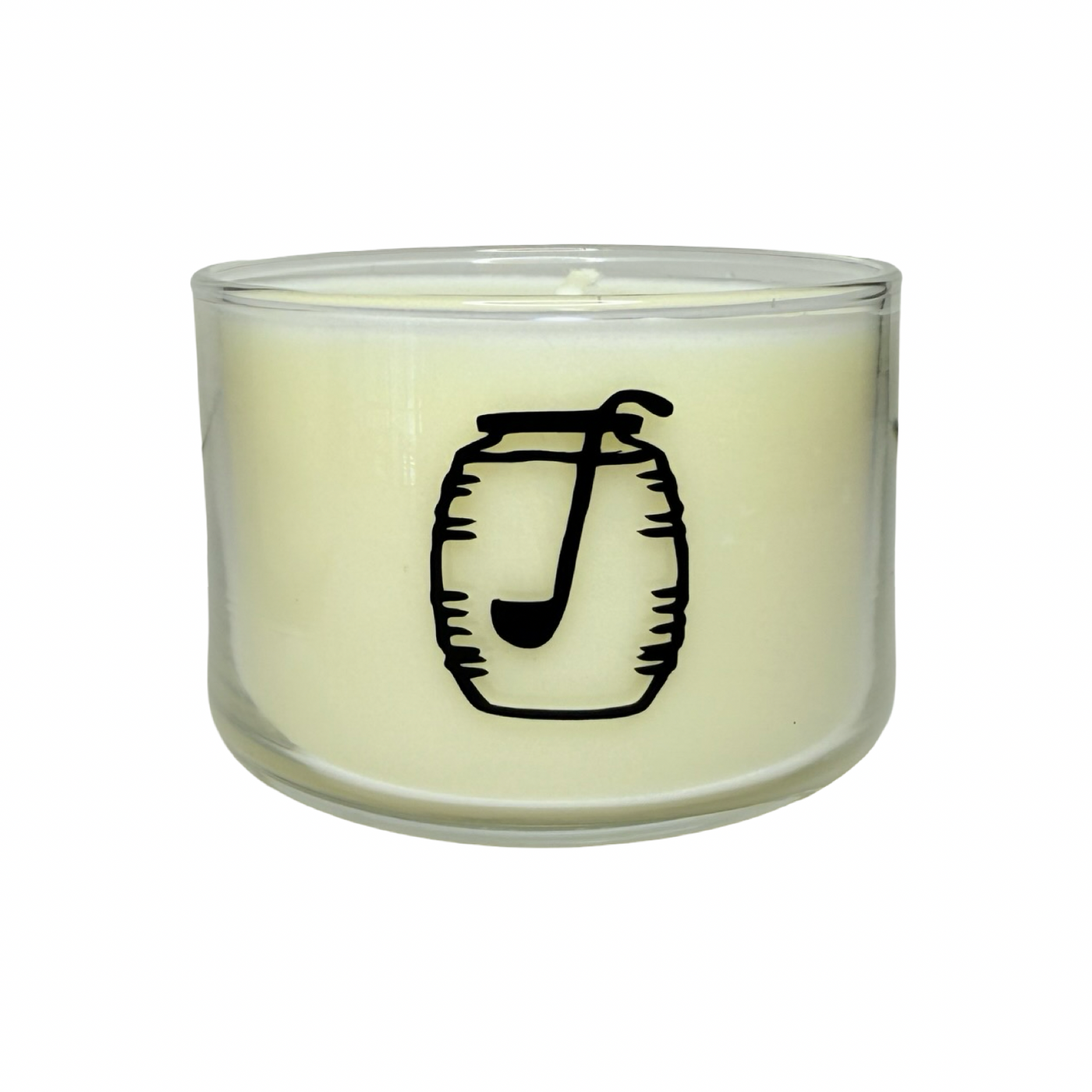 clear jar with a cream candle with a black image of a agua fresca jar and ladle.