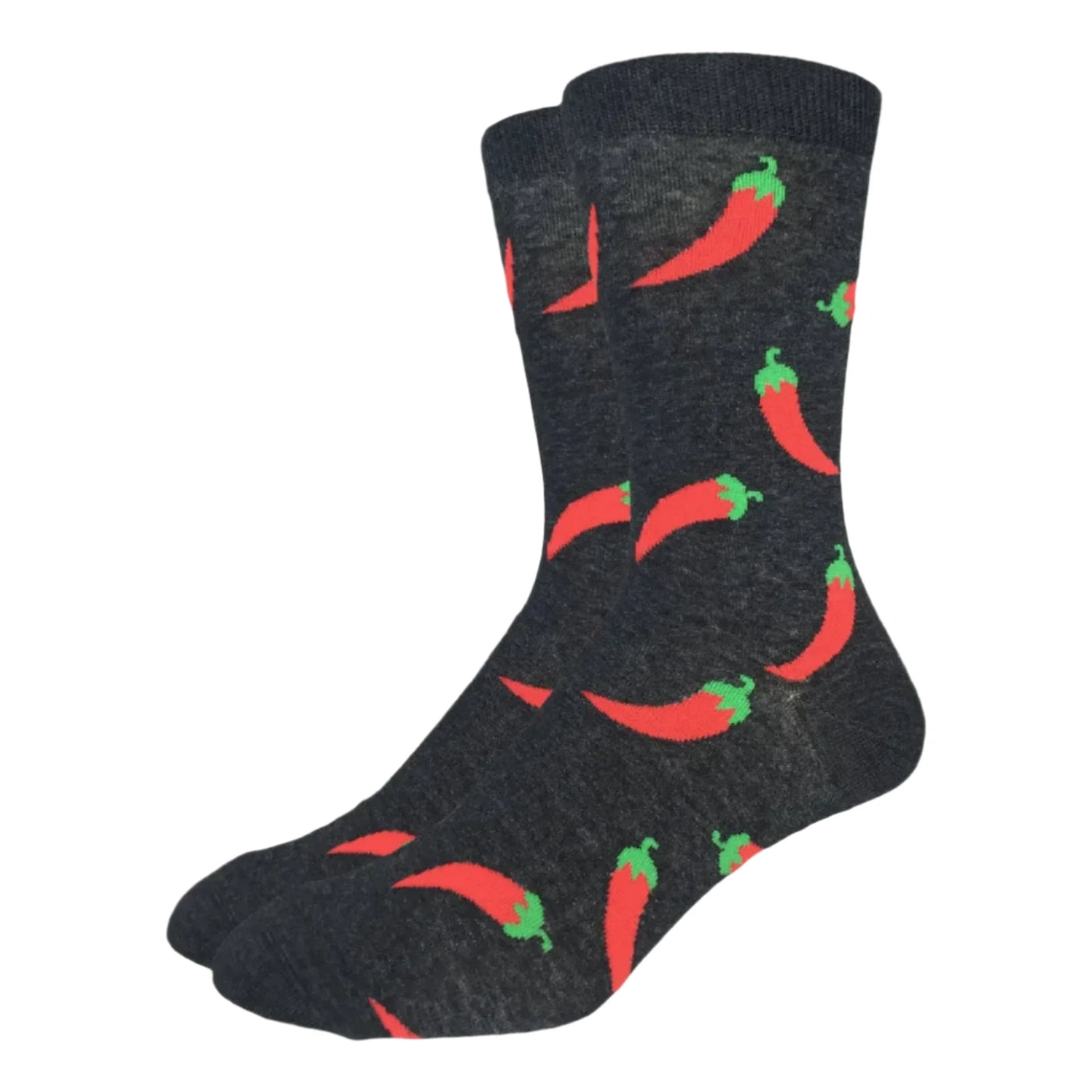Dark charcoal socks with a repeating pattern of bright red chili peppers with green stems.