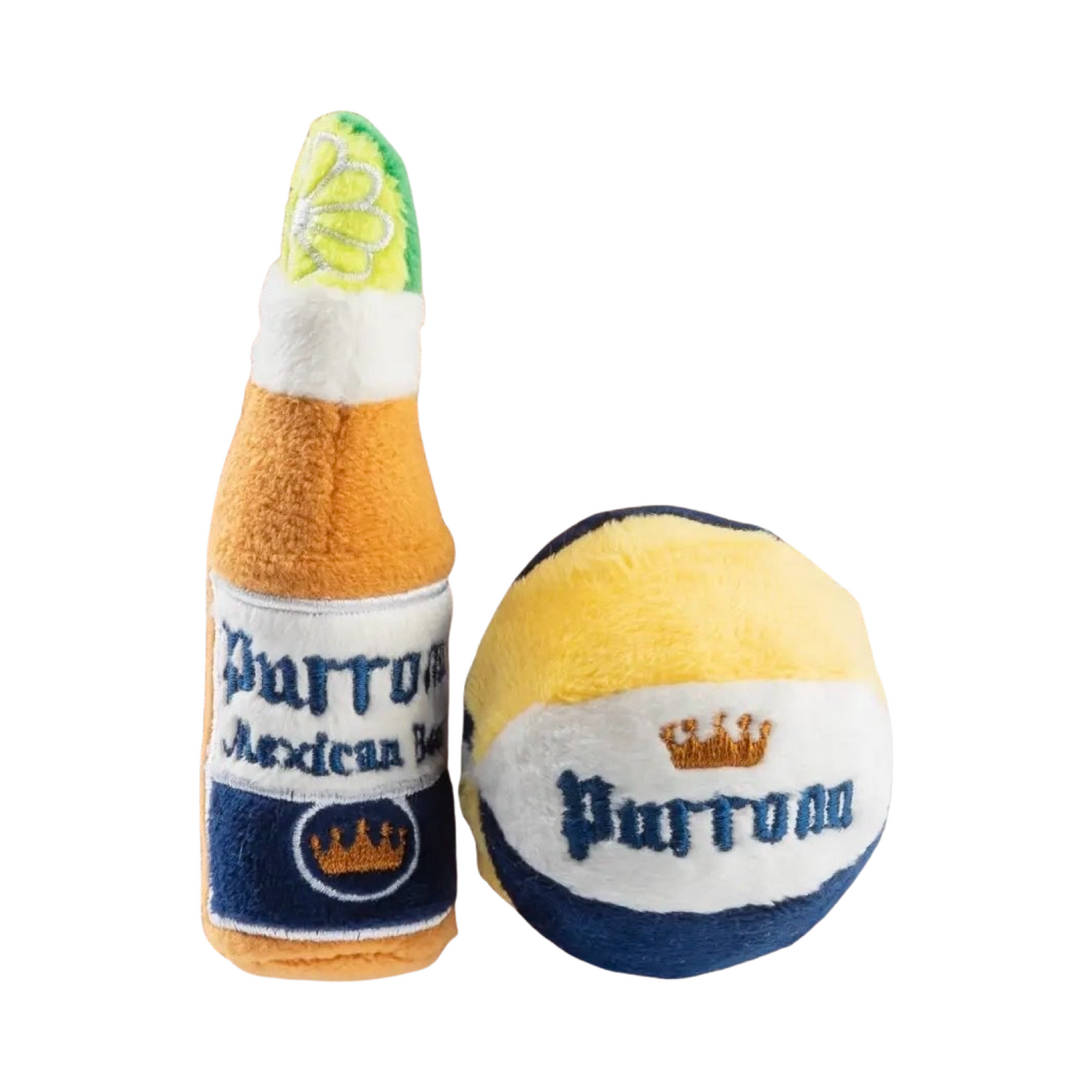 A set of two plush cat toys: one shaped like a beer bottle labeled "Purrona Mexican Beer" with a lime slice on top, and the other a yellow and white beach ball featuring the same logo and crown design. Perfect for cats to play with.