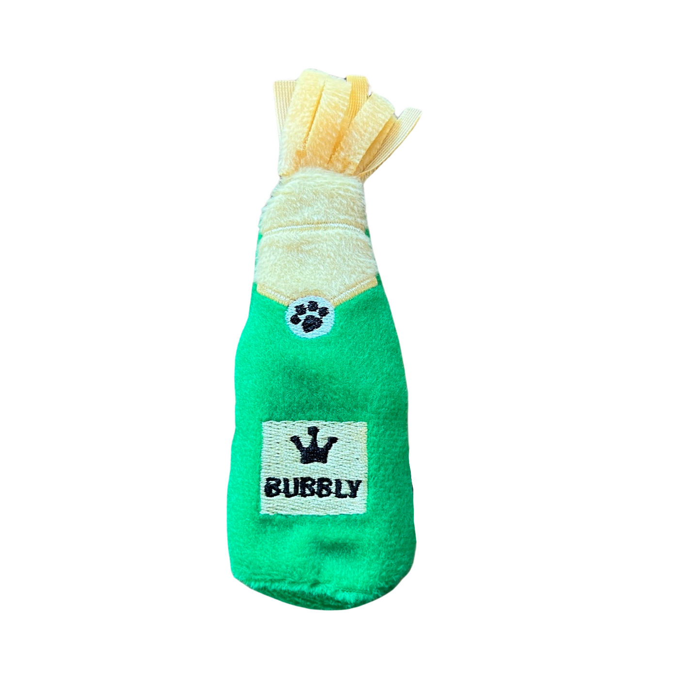 plush green cat toy in the shape of a champagne bottle featuring a paw print and the word bubbly in black lettering.