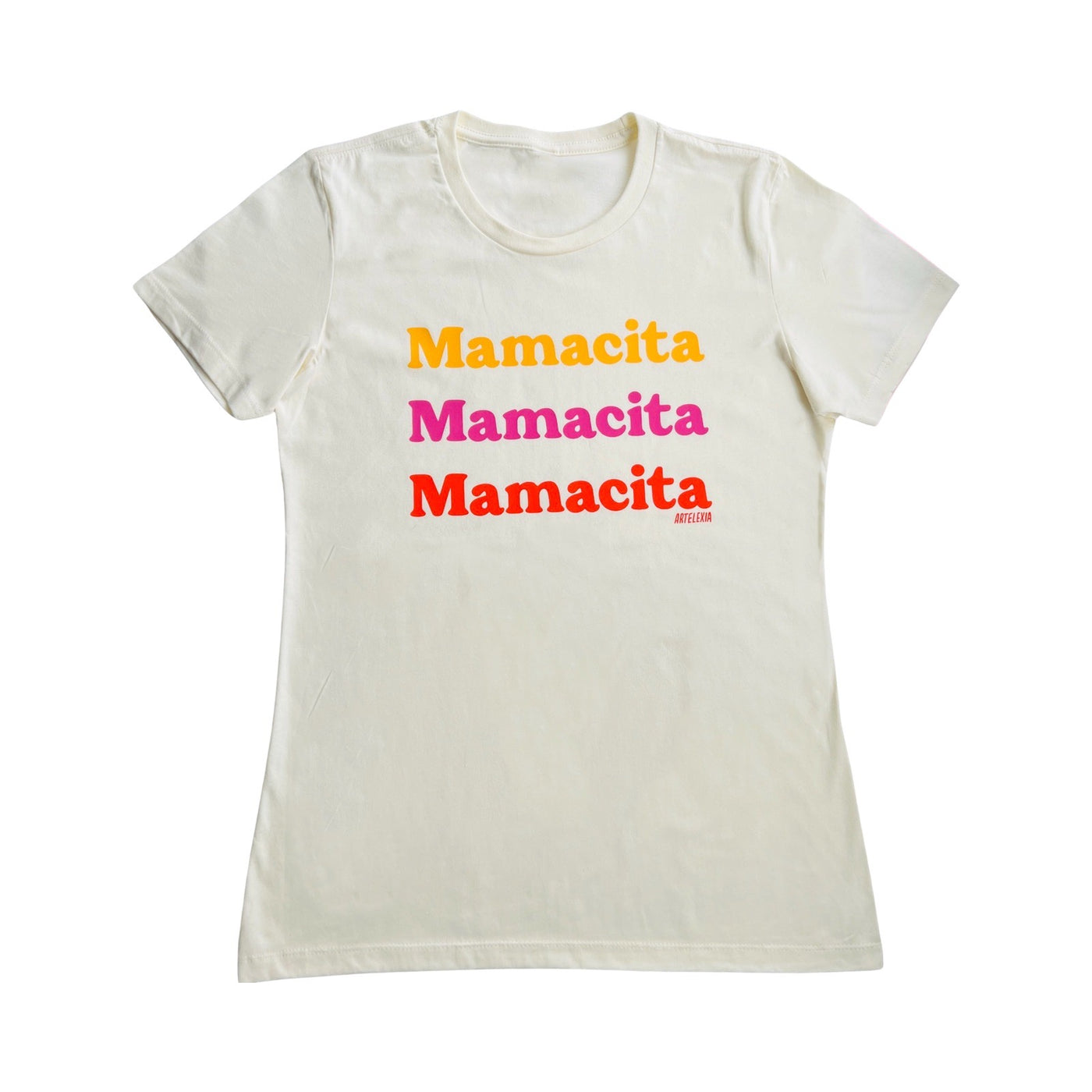 cream colored short sleeve shirt with the word Mamacita repeated three times in the color yellow, pink and orange.